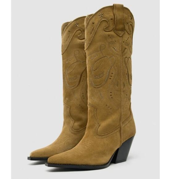 Zara Boots Women EU42 US11 Tan Suede Western Embroidered Cowgirl Rodeo Tall NEW - Picture 1 of 16